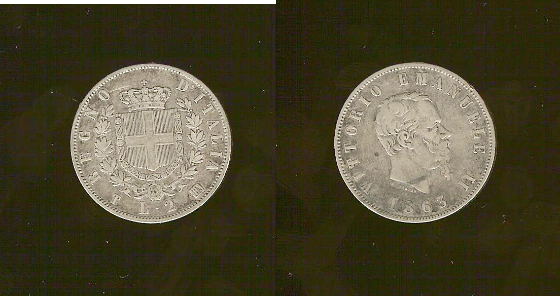 Italy 2 lira 1863T VF+